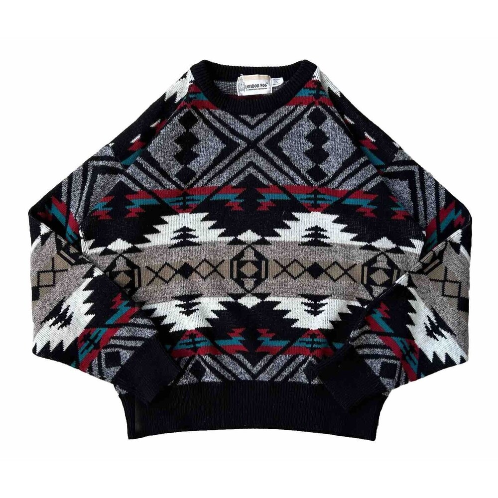 VINTAGE London Fog Men's Sweater Size L Made In USA Knit Crewneck Aztec 80s 90s